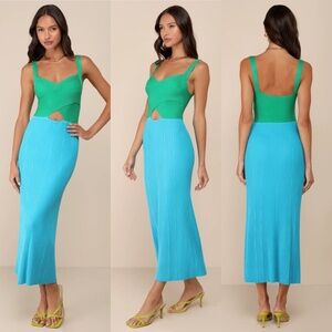 Green Blue Color Block Ribbed Cutout Dress